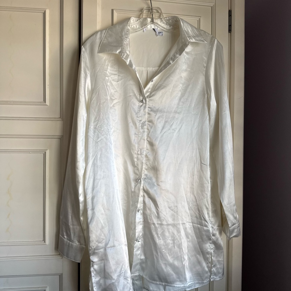 Princess Polly White Satin Button-Down Shirt Dress